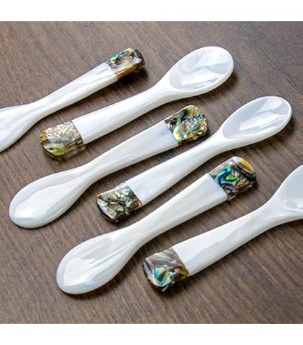 Gewene 2 PZ Cucchiai di caviale fatti a mano Madre di perla MOP Cucchiaio di caviale W Manico rotondo per caviale Serving, 3,55 pollici, Bianco