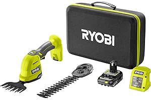 RYOBI One+ 18V Tijeras de césped y arbustos 2-en-1 RY18GSA-120T – Cuchillas SK5, Hoja 20 cm, Corte hasta 10 mm – Incluye batería 2,0 Ah, Cargador y Estuche