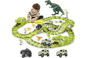 burgkidz Giochi di Dinosauri Pista da Corsa, 260 Pezzi Tracce Playset con 3 Auto e 7 Giocattoli, Regalo Educativo per Bambini