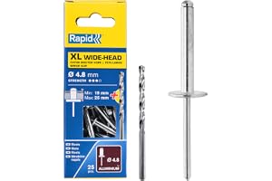 Rapid Blindnitar Stort Huvud Ø4.8 x 30 mm, 19-25 mm Greppvidd, 25-pack | Bredare, plattare bricka för läder, gummi och plast mot hårdare underlag, inkl. borr
