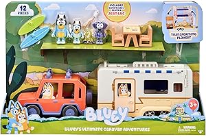 Bluey Ultimate Caravan Adventures - Karawana i trzy figurki od 2,5 do 3 cali, pojazd rodzinny 4WD z 2 deskami surfingowymi