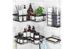 RUHETFAM Shower Caddy, 4 Pack Corner Shelf Bathroom Storage, Bathroom Shelf Adhesive Shower Shelf, Stainless Steel Bathroom Accessory, Bathroom Shelves Organiser No Drilling, Shower Storage with Soap Holder