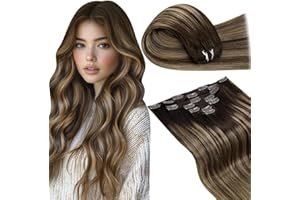 LaaVoo Light Brown Hair Extensions Clip in Real Human Hair 120g 7pcs 18 Inch, Remy Straight Balayage Dark Brown Mix Caramel Blonde Real Hair Extensions Clip-In with Clips Double Weft #4/27/4