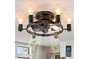 ‎GANEED Ganeed Deckenventilatoren mit Leuchten und Fernbedienung 52cm Low Profile Unterputz Deckenventilator Bauernhaus Rustikale Industrieventilator Leuchten E27 für Schlafzimmer Küche Schwarz 6 Leuchten