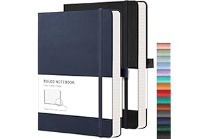 RETTACY Notepad A5 Lined 2 Pack - Leather Journal with 376 Numbered Ruled Pages, Hardcover Notebook,2 Free Sticky Notes Divider,8 Perforated Sheets, Pen Loop, Inner Pocket, 14.5 x 21cm(Black Blue)