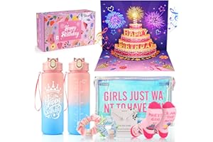 GeschenPark Geburtstagsgeschenk für Mädchen 6-14 Jahren | Musikalische Geburtstagskarte mit 3D-Effekt und Licht | Mädchen Geschenkset mit Socken Schminktasche Haargummis Trinkflasche (Geburtstag)