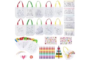 GIUGIO Kit Peinture Enfant, 12 Sac a Colorier Enfant et 10 Crayons de Couleurs empilables(7 colores), DIY Sac à Motif Double Face et Autocollant, Sac Graffiti de Animal Idéal pour Cadeaux D'anniversaire