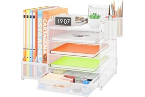 VITVITI Organizer Scrivania, 5 Livelli Portadocumenti con 2 Portariviste, Ufficio Accessori con 2 Portapenne, Organizer Ufficio con Cassettiera, Accessori Scrivania per Riviste, Casa, Scuola (Bianco)