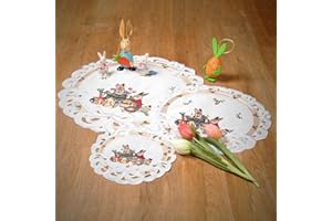 ‎HANAQI Ostern Tischläufer - Tischdecke Weiß mit Häschen Narzissen Stickerei, ca. Rund 30 cm