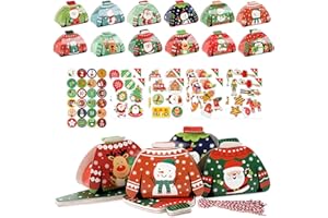 FEMONGY Calendario adviento para rellenar, Calendario de adviento para rellenar, 24 cajas de papel + 24 pegatinas de números + 50 etiquetas colgantes + 50 cordones de algodón rojos