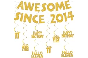 AURMONIGO 11th Birthday Banner Decorations Gold - Awesome Since 2014 Glitter Banners and Hanging Swirls, Happy 11th Birthday Party Decoration for Girls and Boys