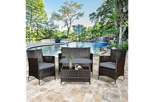 COSTWAY Juego de 4 Muebles Jardin Exterior Ratan, Conjuntos de 4 Muebles de Jardín de Ratán con Mesa en Vidrio Templado, Set Muebles de Ratán para Patio con Cojín Espeso, Set Conversación (4 Piezas)