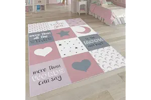 Paco Home Alfombra Infantil, Alfombra Habitación Infantil con Motivos De Estrellas, Luna Y Cuadros, tamaño:140x200 cm, Color:Pink