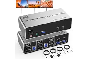 ARLEEDYN 8K KVM Switch 3 Monitore 2 Computers, Displayport + 2 HDMI Triple Monitor KVM Switch für 2 Computer teilen sich 3 Monitore und 3 USB 3.0 Ports/Audio/Mik, 8K@60Hz/4K@144Hz