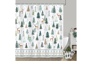 Bonhause Zasłona prysznicowa z motywem choinki, zima, Boże Narodzenie, sosna, bałwanek, jeleń, zasłona łazienkowa, 180 x 180 cm, wodoodporna, odporna na pleśń i pleśń, tkanina poliestrowa, zasłona