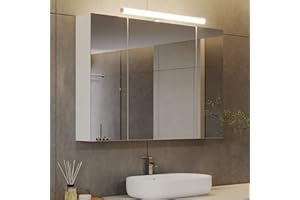 ‎DICTAC DICTAC Spiegelschrank Bad mit Beleuchtung, Steckdose und Lichtschalter 80x16x60cm(BxTxH),Badschrank mit Beleuchtung und Spiegel,Badezimmer Spiegelschrank mit 3 Türen, Hängeschrank, badspiegel, Weiß
