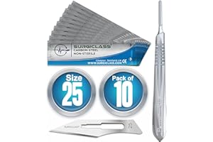 SURGICLASS Skalpellklingen Figur 25 aus Karbonstahl 10 Stück unsteril + Skalpell-Halter - Edelstahl Perfekt für Holzkunst, Chirurgie, Bildhauerei, Laboranatomie, Kartenherstellung, Labortraining SURGIBL25-10