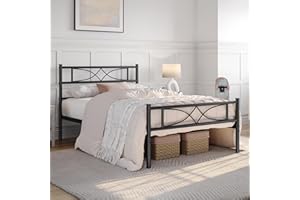 ‎YAHEETECH Yaheetech Metallbett 90 x 200 cm Bettrahmen mit Hohem Kopfteil Gästebett mit Lattenrost für Schlafzimmer Gästezimmer Viel Stauraum unter dem Bett Schwarz