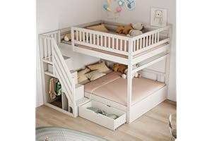 RIAZOS Kinderbett 140x200 cm, Etagenbett mit Treppe und Regale, Funktionsbett mit Kleiderstange, Stockbett Jugendbett Stauraumbett mit Schublade, Weiß, ohne Matratze