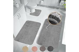 Achiiso Bathroom Mat Set 3 Pieces,Non Slip Bathroom Toilet Mat, Super Absorbent Microfiber Bathroom Floor Mat Machine Washable Bath Rug(Grey,U40x50cm +50x60cm+50x80cm)