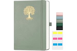 EMSHOI Notebook A5 Lined - 100gsm Hardcover Leather Journal with Sticky Notes, 192 Numbered Pages College Ruled Notebook for Women Men Work School Writing Journaling, 14.5 X 21 cm - Light Green