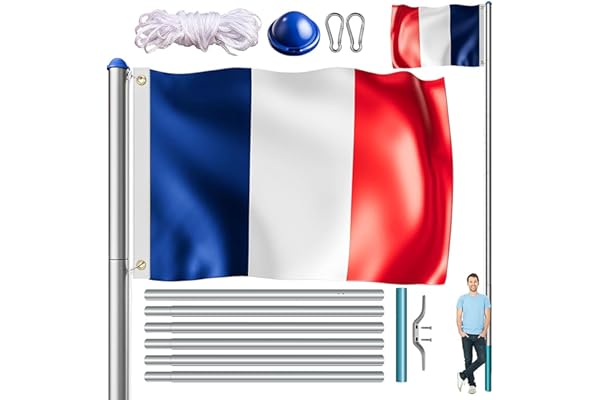 MONZANA® Mât de Drapeau Télescopique en Aluminium 6,5m - Cordelette de Hissage avec Douille de Sol, Réglable en Hauteur pour Jardin France