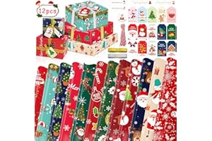 Shinybox Set di 12 fogli di carta regalo di Natale e 20 etichette regalo con nastri regalo, carta natalizia per bambini, per il fai da te, confezione regalo di Natale