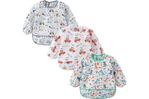 ElecMotive 3 Pack Long Sleeve Baby Bibs, Waterproof Sleeved Bib, Toddler Soft Bib for 6-30 Months