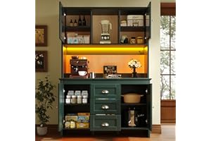 A ALFRESCOOL Armario buffet alto, armario de cocina, aparador, con puertas de cristal marrón e iluminación LED, 4 puertas y 3 cajones, para cocina, comedor, 120 x 40 x 179 cm (verde)