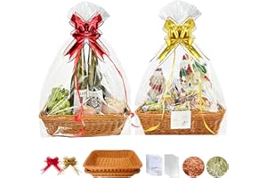 OAOGOD 2PCS 35x25x7cm Gift Basket Hamper Wrapping Kit,Empty Diy Wicker Hamper Basket With Cellophane Wrap,Bow,Greeting Cards,Shredded Paper for Christmas,Easter Gift,Birthday,Wedding