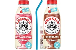 Milkshake Mix Bundle with 1x Crusha Strawberry 500ml, 1x Crusha Chocolate 500ml and 1x Reusable Silicone Straw and 1x Wonder Bundles Milkshake Recipe Leaflet