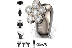 Rasoio testa calva, Kibiy 5 in 1 LED con 6 testine di rasatura rotanti, 100% impermeabile rasoio capelli uomo, ricaricabile di tipo C, kit per la cura dei peli di barba e naso