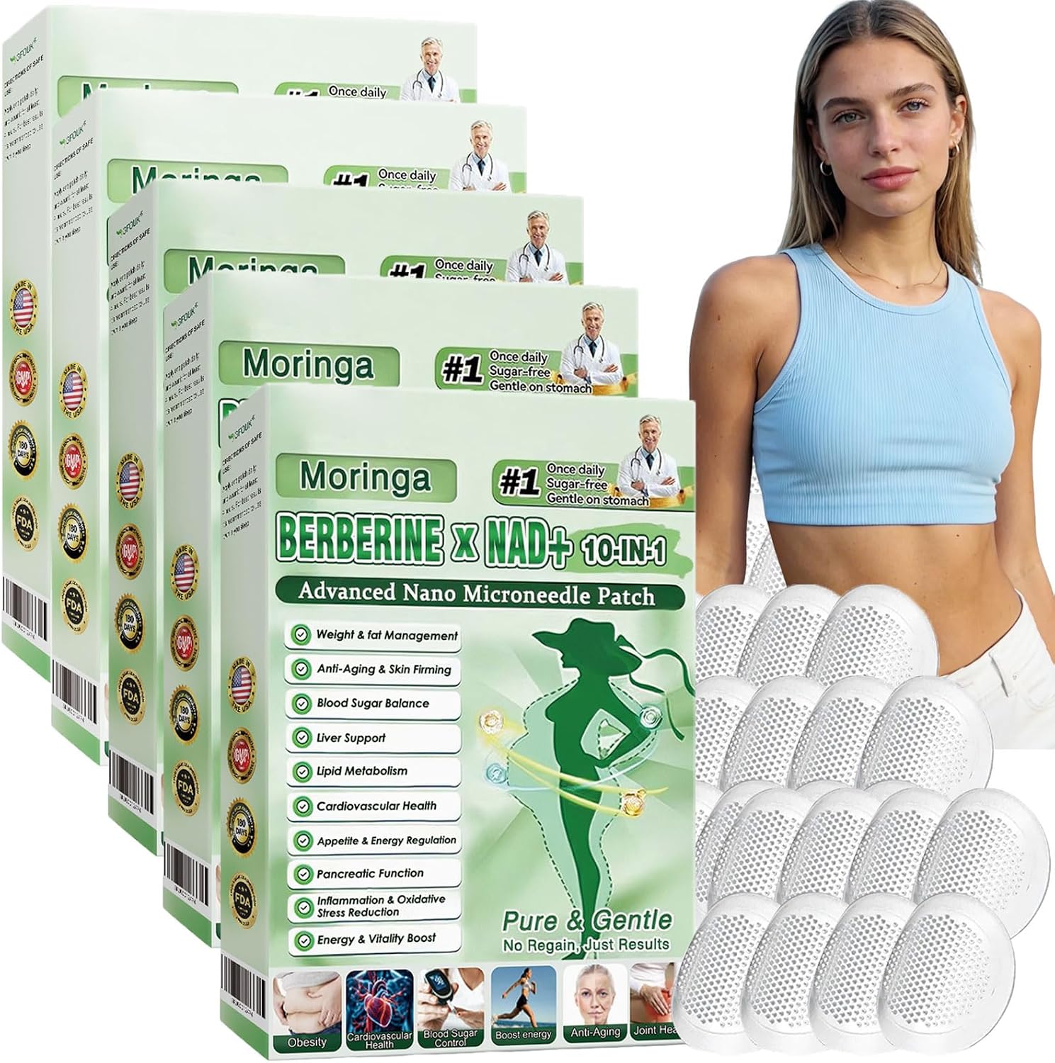 5 Cajas Moringa 10 en 1 moringa berberina parches, parches adelgazantes, Naturales, Fáciles de Usar, Cómodos y Discretos parche de metabalance profesional para hombres y mujeres (5pc)