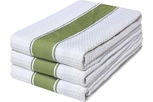 Quick Cleaning Supplies |Pack of 3 Large Honey Comb Weave Tea Towel Set|100% Combed Ring Spun Cotton| Kitchen Dish Cloth| Super Absorbent| Stripe Design Premium Construction|70cm X 45 cm| (Green)