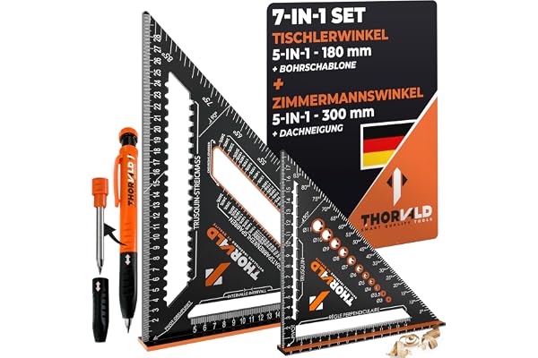THORVALD Snickarvinkel 7-i-1 set 300 mm 180 mm vinkelmätare anslagvinkel – inkl. djuphålsmarkörer – aluminiumvinkel för exakt