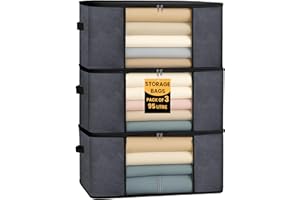 LKH HOME COLLECTION LKH Clothes Storage Bags 95L - Pack of 3 Foldable Fabric Clothes Storage Boxes - Non-Woven, Breathable & Dust-Resistant Storage Organiser with Handles & Zipper for Bedding, Quilts & Wardrobe Use