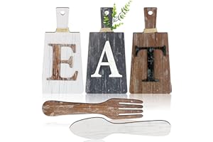 JETEC Set de Letrero Eat de Tabla de Cortar Cartel Eat de Arte Colgante de Cocina Decoración de Pared de Tenedor y Cuchara Decoración Rústica Primitiva Granja (Blanco, Gris Negro, Marrón)