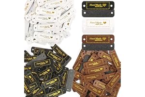 BHGT 120Pcs PU Handmade with Love Labels- 5 x1.5 cm Sewing Embossed Tags with Holes Leather Handmade Labels 3 Different Color for Textile Garment DIY Crafts Clothing Sewing Accessories