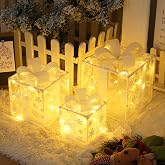 3 Stück Weihnachtsdeko LED Geschenkbox Set | Beleuchtet mit Timer Fernbedienung Warmweiß Licht Geschenkboxen für Innen Außen 