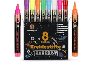 welsberg 8 Kreidestifte, Abwaschbar Glasstifte, flüssige Tafelstifte mit 5mm Spitze, Kreidemarker für Tafel, Whiteboard, Fenster, Glas, 10 Gramm Jumbo Tinte, Chalk Markers für Erwachsene, Kinder