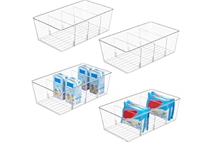 Vtopmart 4PCS Clear Plastic Pantry Organizer with Dividers, for Pantry, Kitchen, Refrigerator, Cabinets, Snacks, Pouches