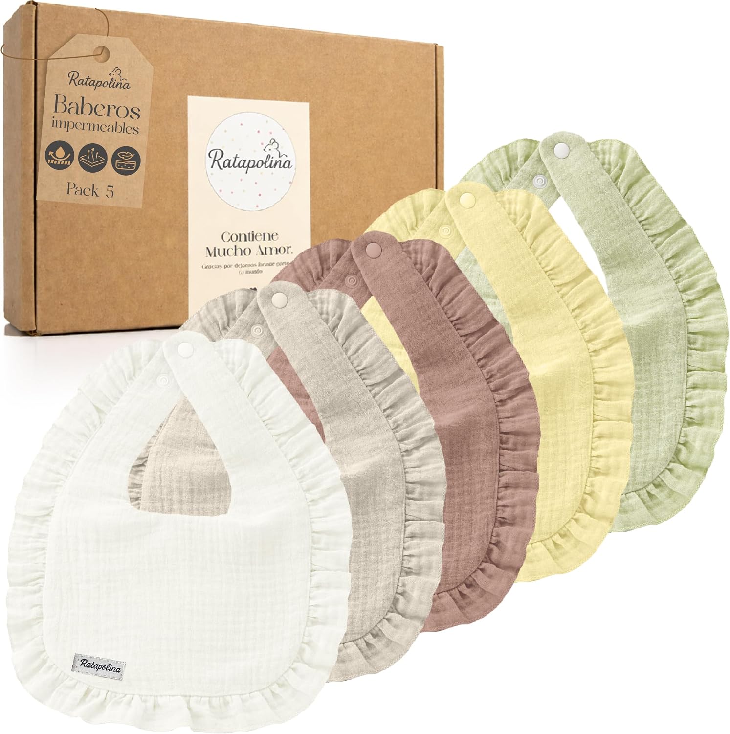 RATAPOLINA Baberos Bebe Impermeables de Muselina – Pack de 5, Diseño Elegante con Capa Impermeable Interior, Suaves y Resistentes