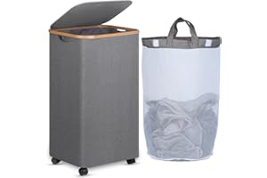 efluky Kosz na pranie z kółkami 100 l, kosz na brudne pranie z pokrywą, kosze na pranie z bambusowymi uchwytami i wyjmowaną torbą, kosz na pranie do sypialni, łazienki, pralni