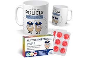 mundohuevo Pack Regalo Policía Original: Taza Divertida “A la Policía No se le Tocan los Huevos” + Caramelos de Broma Huevoprofeno | Detalle Gracioso y Único para Cumpleaños, Policia