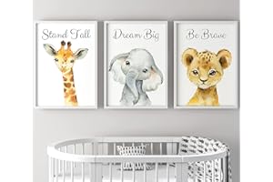 EVIEPOPS PRINTS Ensemble Animaux Safari de 3 Impressions Sans Cadre pour Chambre d'enfant Fille ou Garçon, Décoration Chambre Posters Décoratifs Muraux, Girafe Eléphant Lion, Dream Big Stand Tall Be Brave (A3)