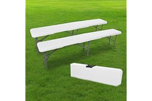 SKYLANTERN LOT 2 Bancs Pliables Blanc 180cm - Lot de Deux Bancs Pliants pour Table de Camping - x2 Banc Pliable Idéal pour baptêmes, Mariages, Pique-Nique, Buffet et grillade