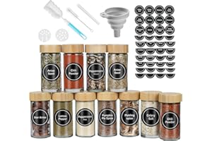 FRIBERG 12 Pot à Épices,pot epices en verre avec Étiquettes d'épices Françaises,100 ml,boite epices pour rangement de épices cuisine, avec étiquettes, stylos, brosse de nettoyage, entonnoir et tamis