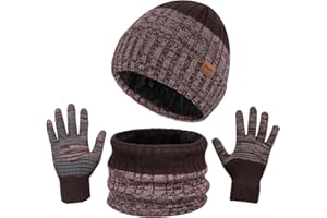 TAGVO 3in1 Invierno Set de Bufanda, Gorro y Guantes, Forro polar cálido grueso elástico ultra suave Forro interior Sombreros de Caliente Punto Cuello Calentador Guantes táctiles de Pantalla