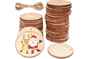 ‎CUWELT CUWELT 42 Stück Holzscheiben mit Loch, 7-8CM Holz Log Scheiben mit 10m Jute Schnur, Baumscheiben Rund zum Basteln, Unvollendete Holzkreise, Natur Holz-Scheiben für DIY Weihnachten Dekoration Handwerk