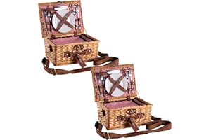 eGenuss 2er-Set handgefertigtes Picknickkorb für 2 Personen mit abnehmbarem Schultergurt, Kühlfach, Kellnermesser, Edelstahlbesteck, Porzellanteller und Weingläser | ROT
